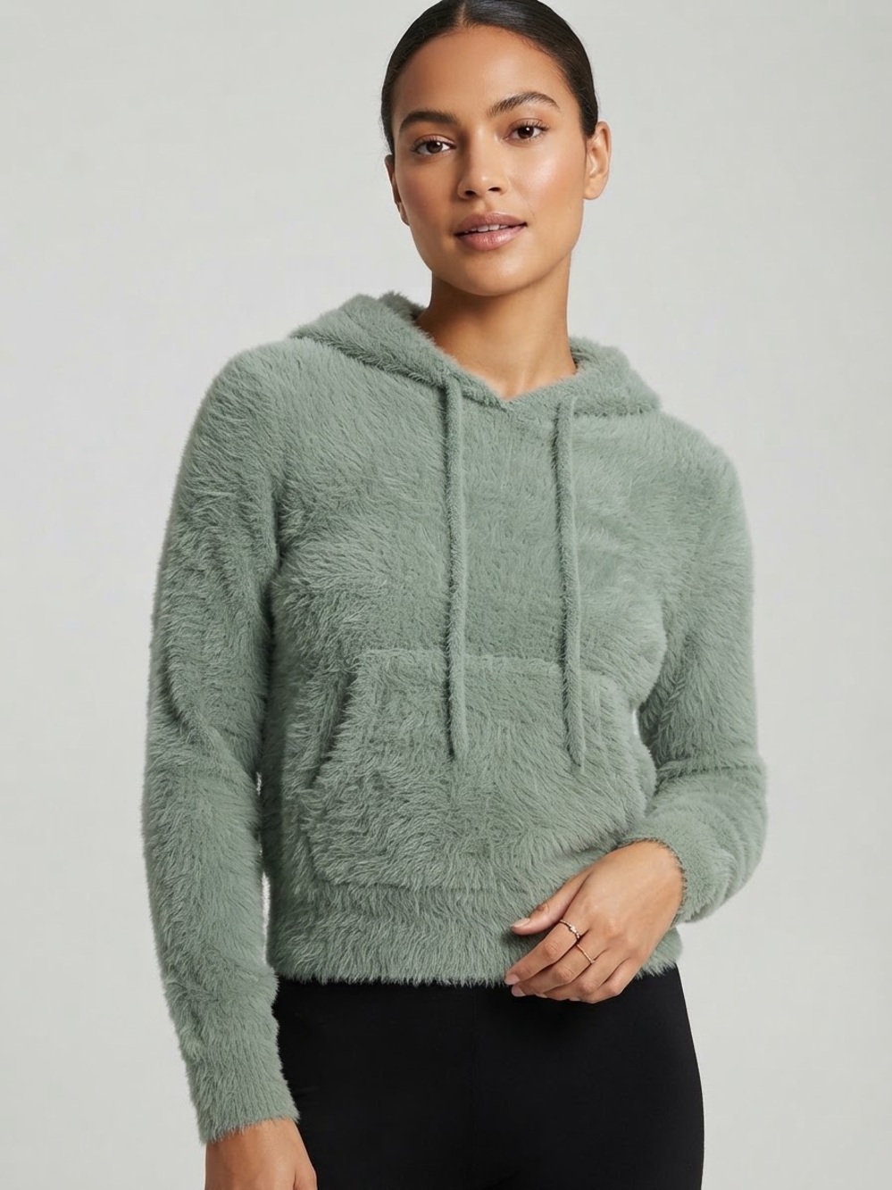 Forever 21 Plush Hooded Pullover in Sage Green